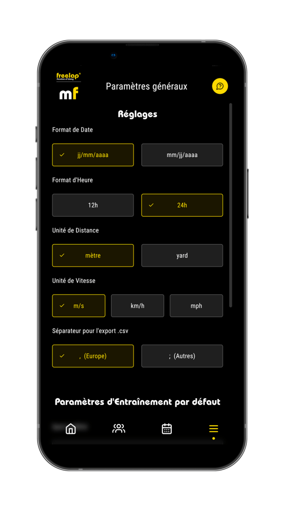 MyFreelap 7 - Paramètres généraux